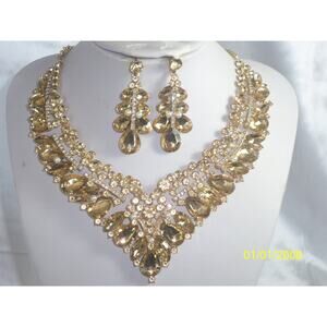 Gold champagne rhinestone necklace set, MOB wedding prom party formal necklace